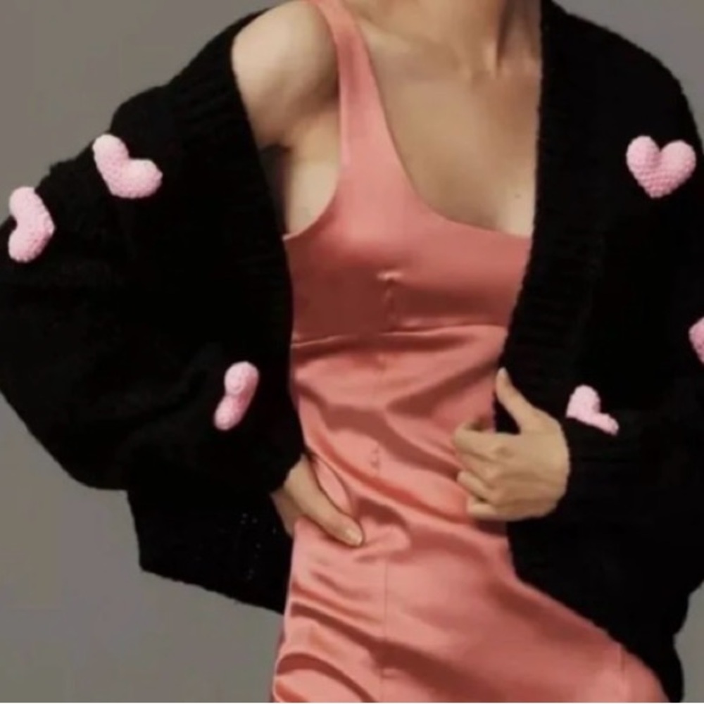 Maeve Anthropologie Susannah 3D Heart  Knit Cardigan Sweater Black Pink One Size